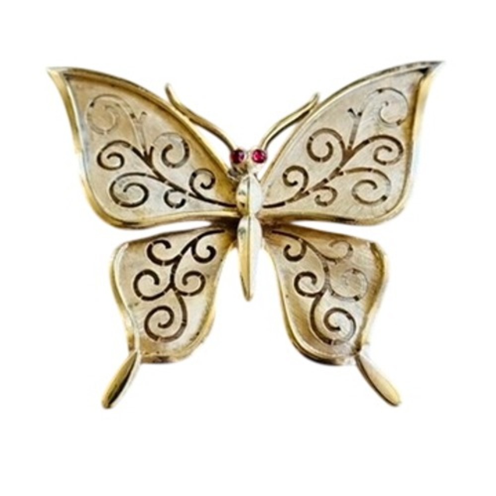 Crown Trifari VTG Butterfly Pin Brooch Signed Florentine Gold Retro Scroll 60s